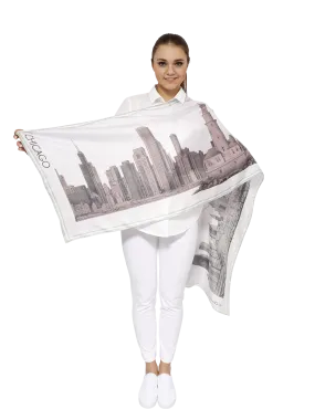 CHICAGO Skyline Art 100% Silk Stole Scarf in Blush White