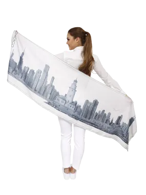 CHICAGO Skyline Art 100% Silk Stole Scarf in Purple White