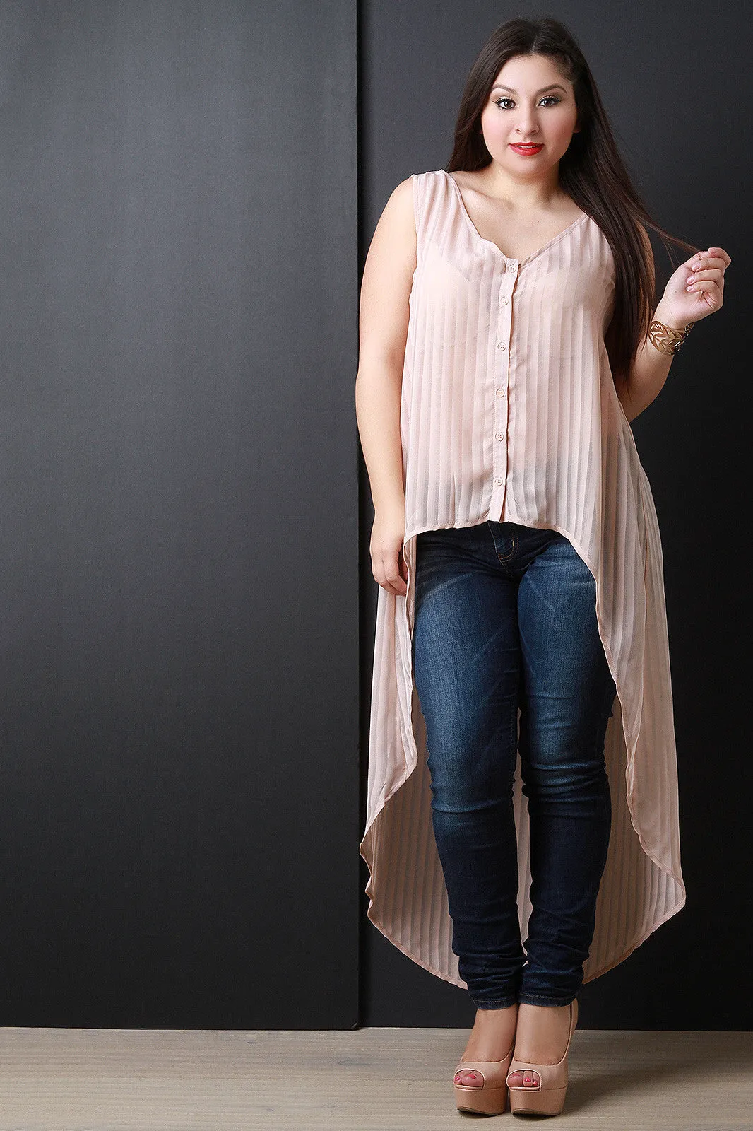 Chiffon Contrast Stripe High Low Hem Tunic Top