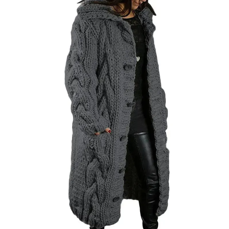 Chunky Long Knitted Hoodie winter Long Cardigan  sweater Jacket women