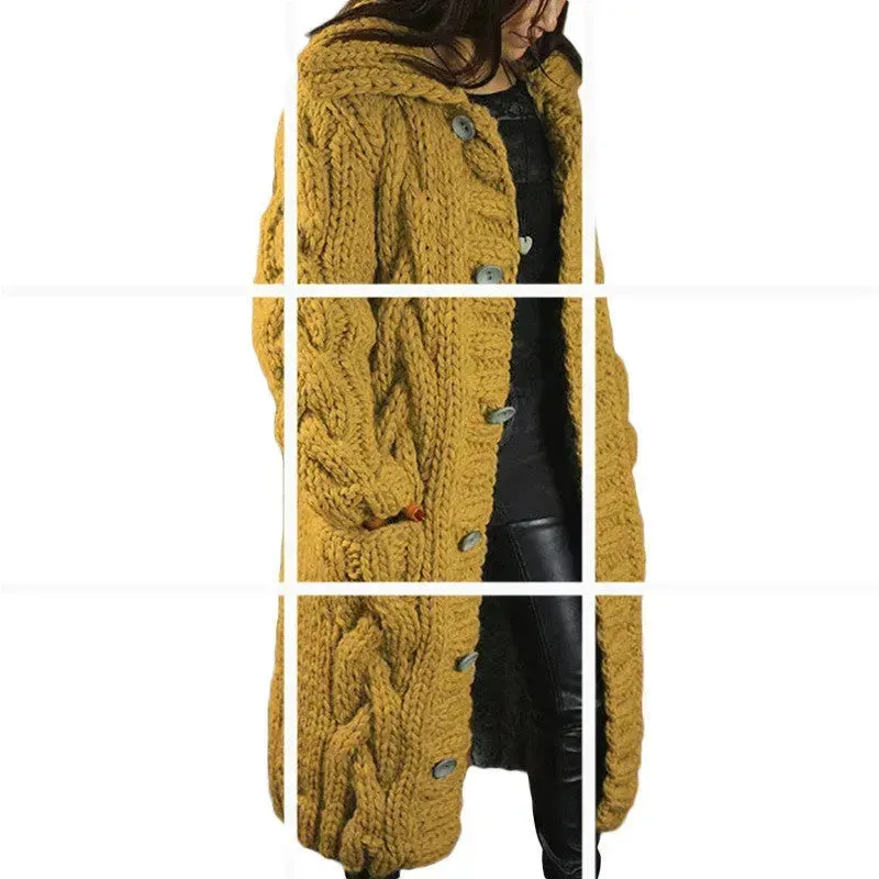 Chunky Long Knitted Hoodie winter Long Cardigan  sweater Jacket women