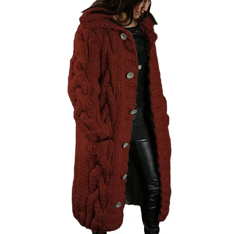 Chunky Long Knitted Hoodie winter Long Cardigan  sweater Jacket women