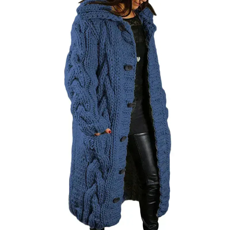 Chunky Long Knitted Hoodie winter Long Cardigan  sweater Jacket women