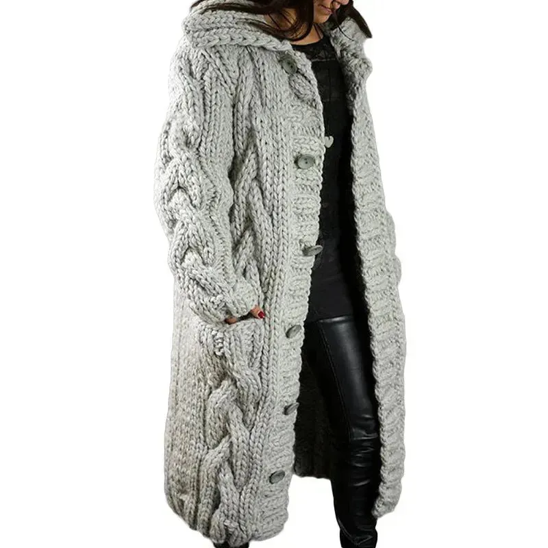 Chunky Long Knitted Hoodie winter Long Cardigan  sweater Jacket women