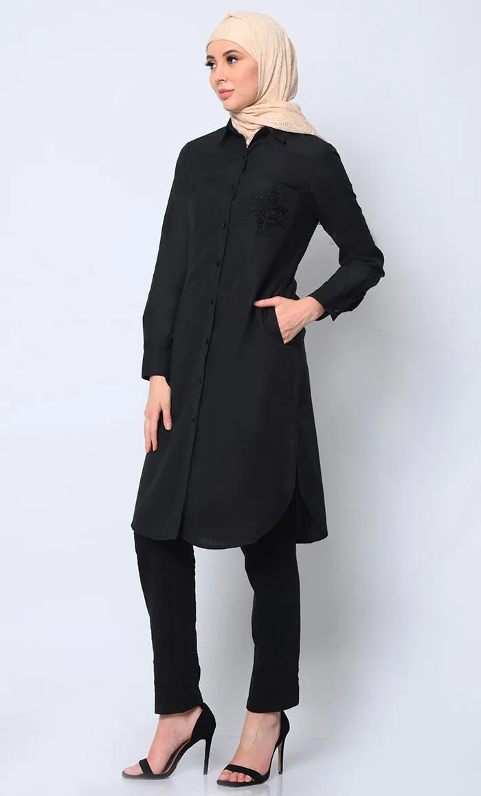 Classic  Black Shirt Tunic with Pocket Embroidery