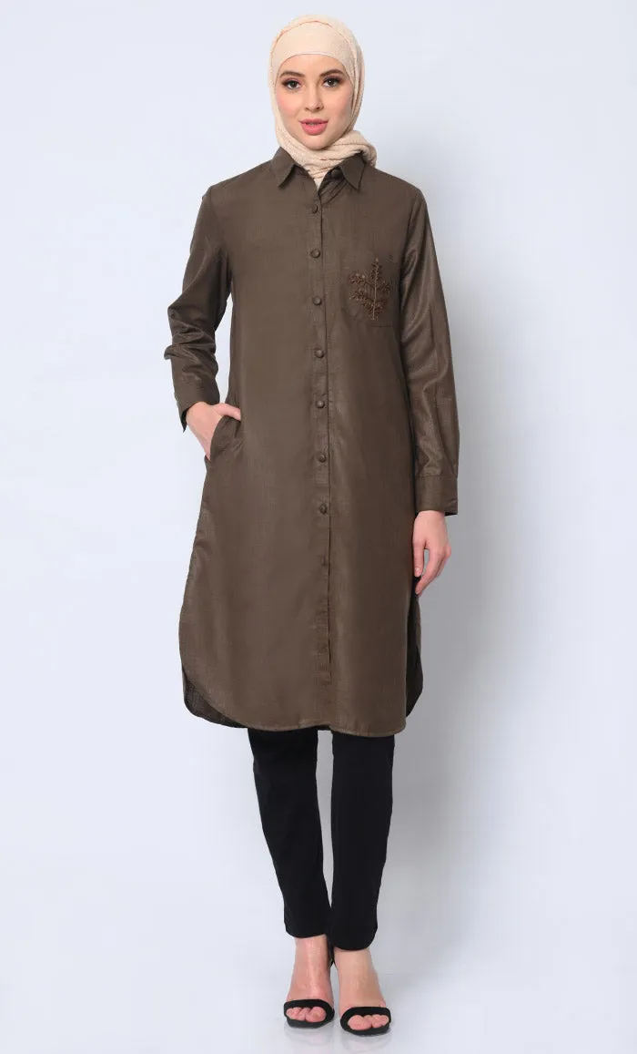 Classic  Brown Shirt Tunic with Pocket Embroidery