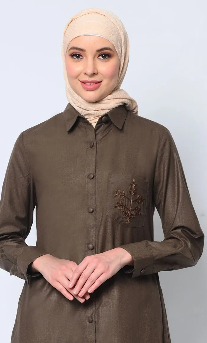 Classic  Brown Shirt Tunic with Pocket Embroidery