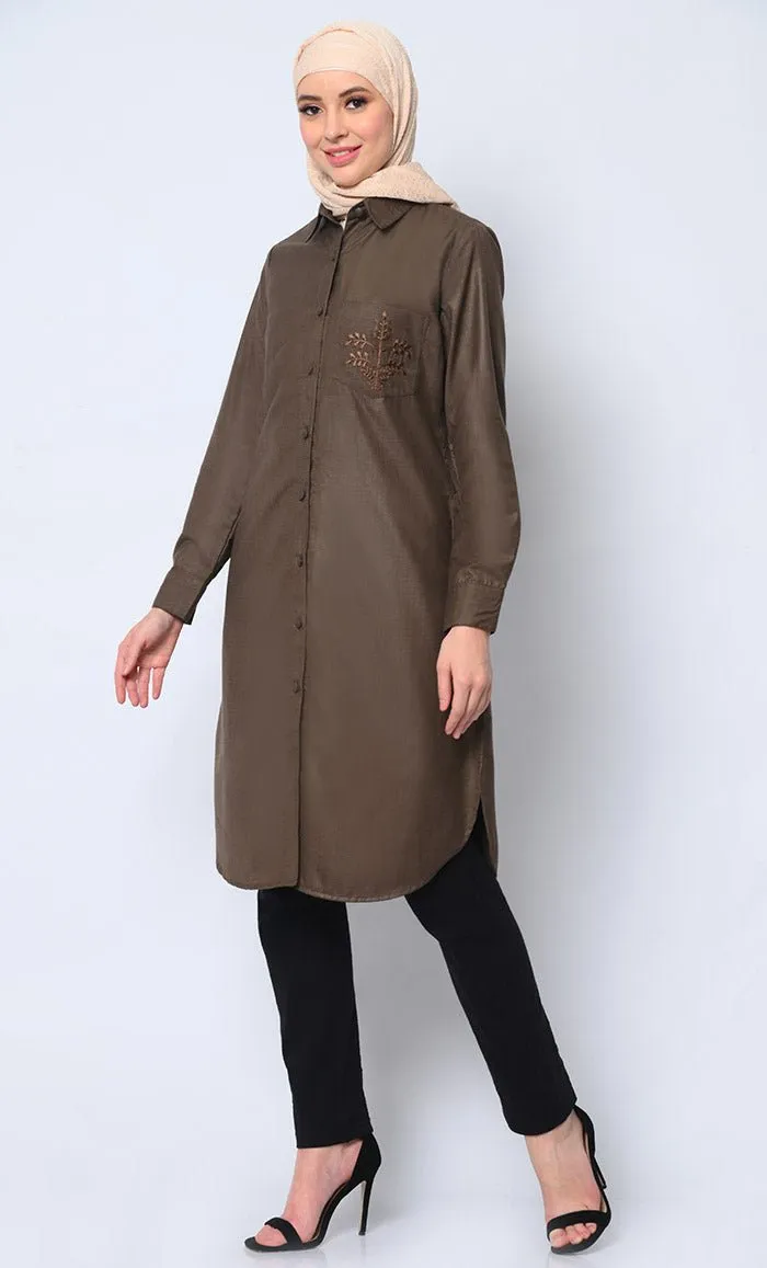 Classic  Brown Shirt Tunic with Pocket Embroidery