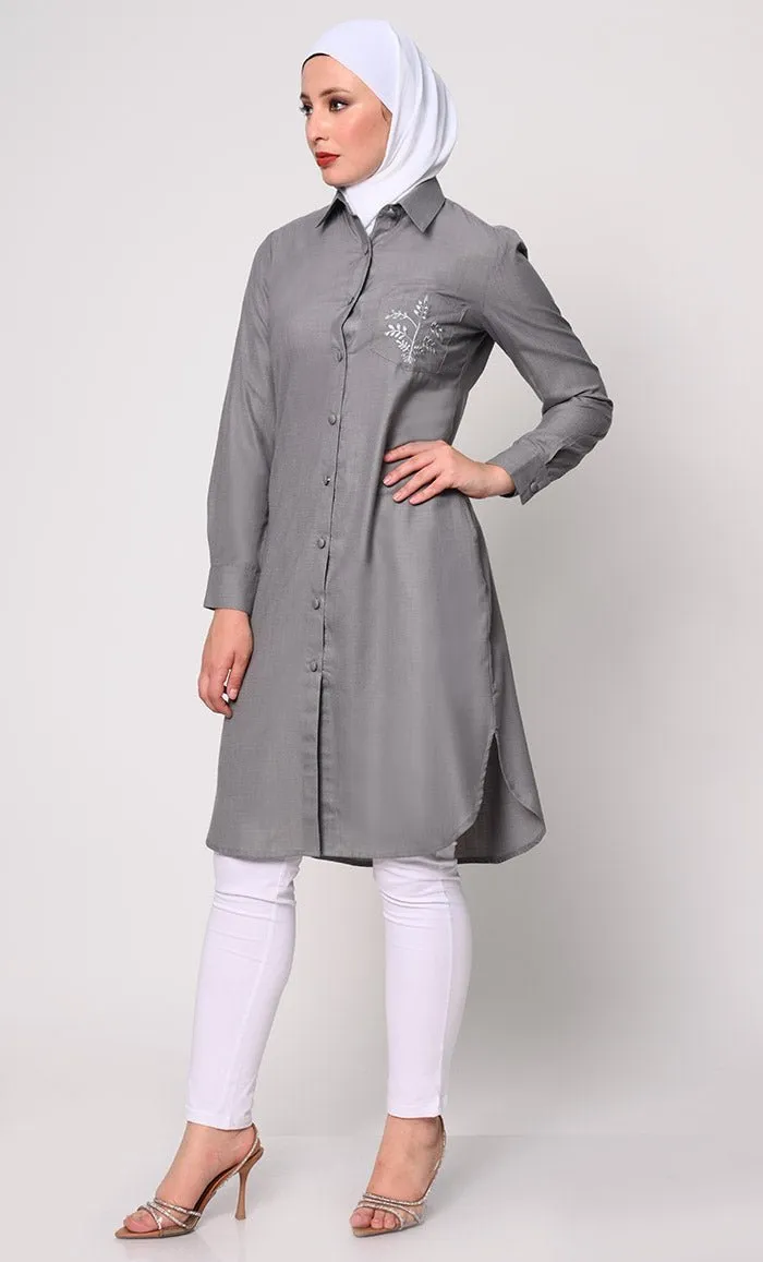 Classic Grey Shirt Tunic with Pocket Embroidery - Final Sale