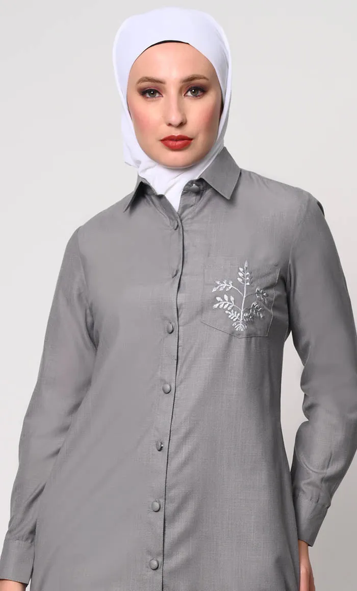 Classic Grey Shirt Tunic with Pocket Embroidery - Final Sale