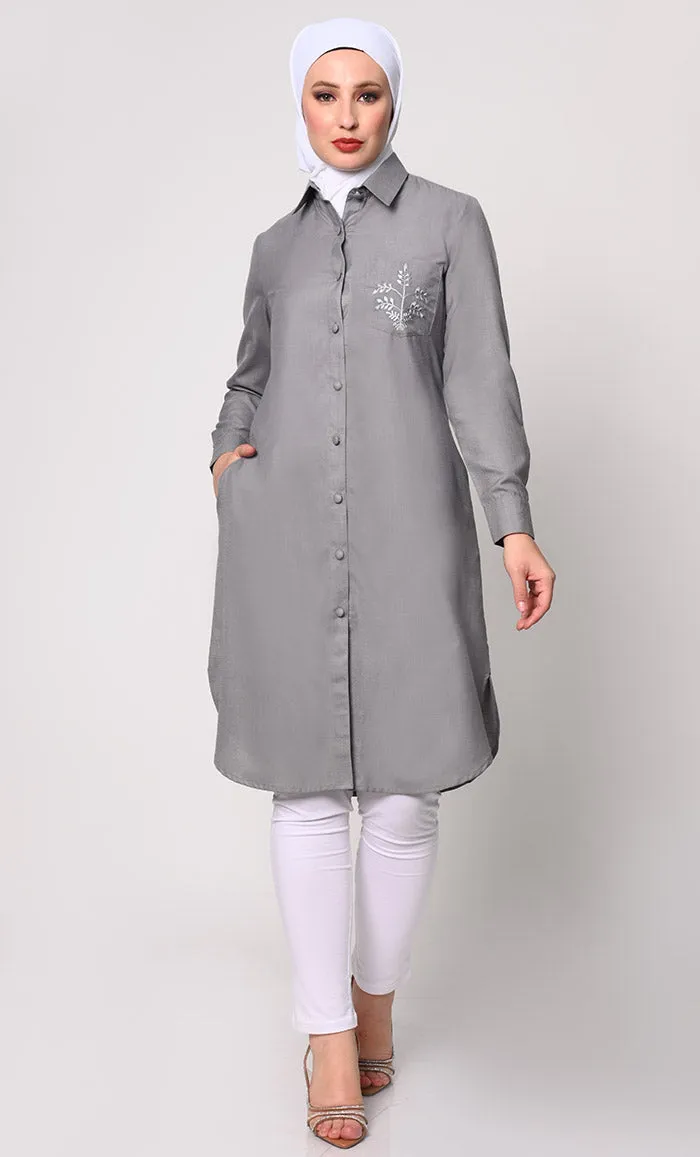 Classic Grey Shirt Tunic with Pocket Embroidery