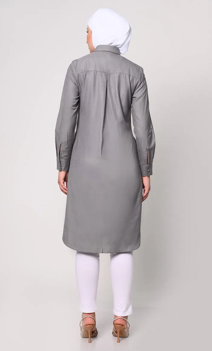 Classic Grey Shirt Tunic with Pocket Embroidery