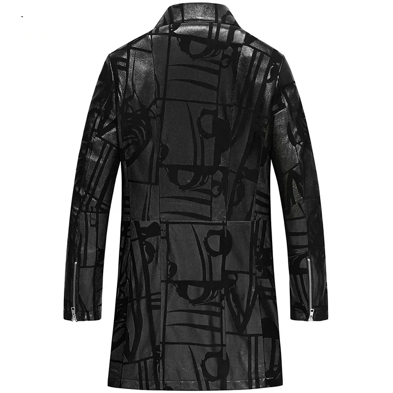 CLEARANCE / Men's Black Natural Leather trench coat with Print