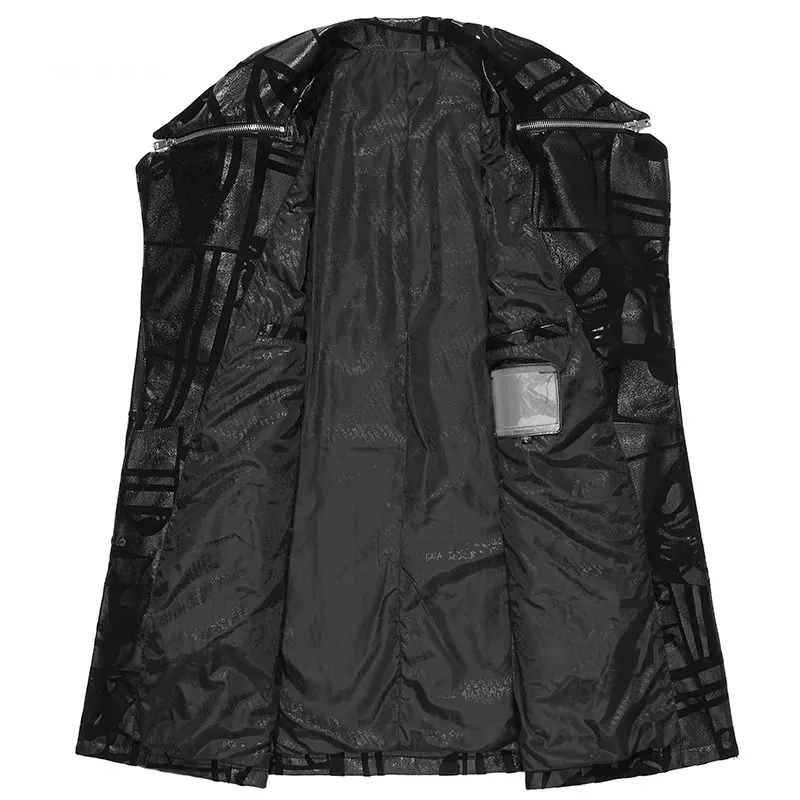 CLEARANCE / Men's Black Natural Leather trench coat with Print