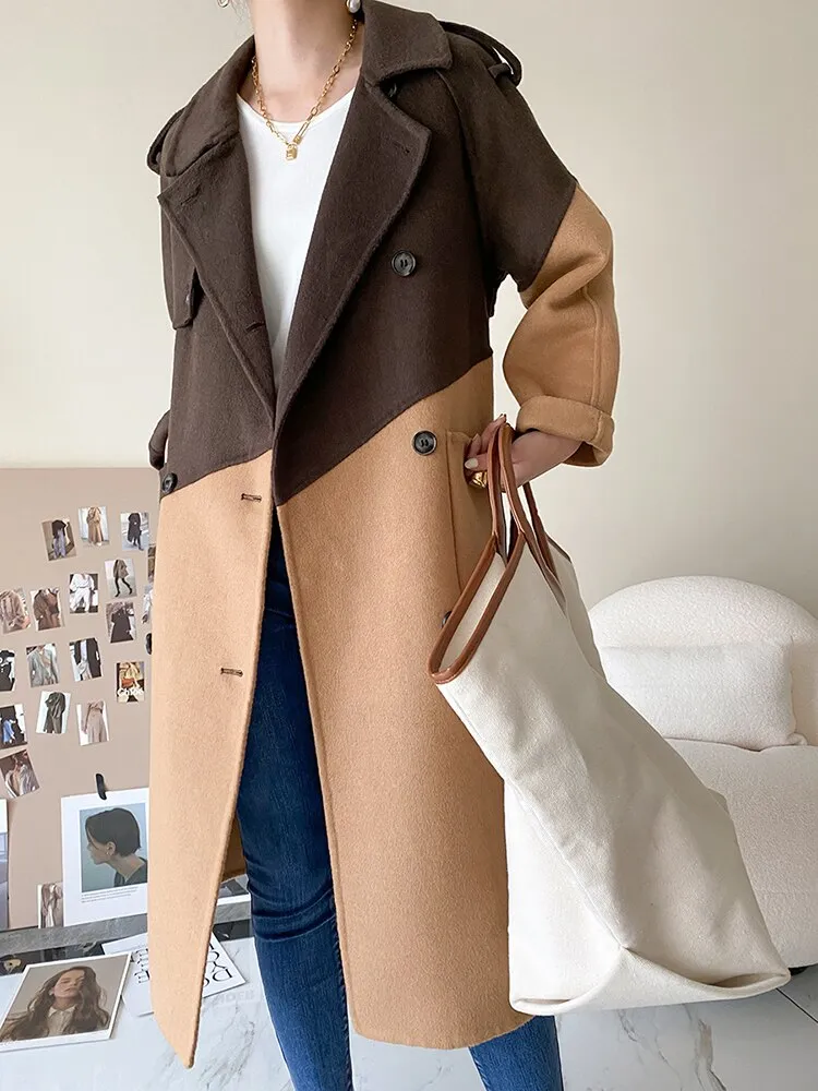 Color Block Patchwork Woolen Parka Coat