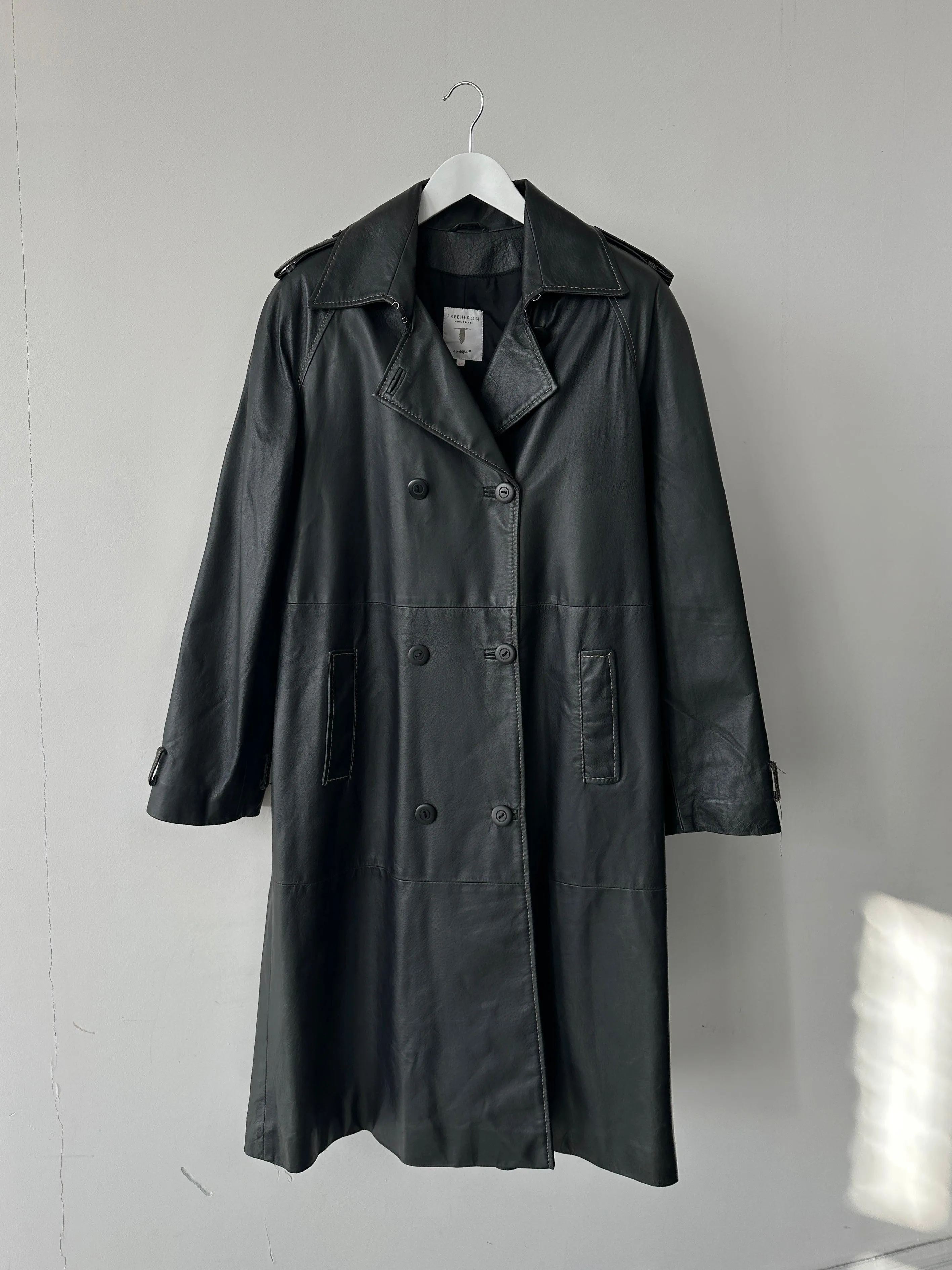 Conbipel Contrast Stitch Double Breasted Leather Trench Coat - M