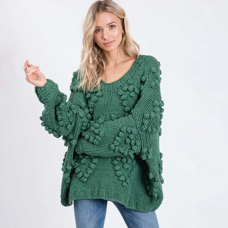 Cozy Crew Neck Sweetheart Popcorn Chunky Yarn Handmade Mohair Crochet Knit Sweater