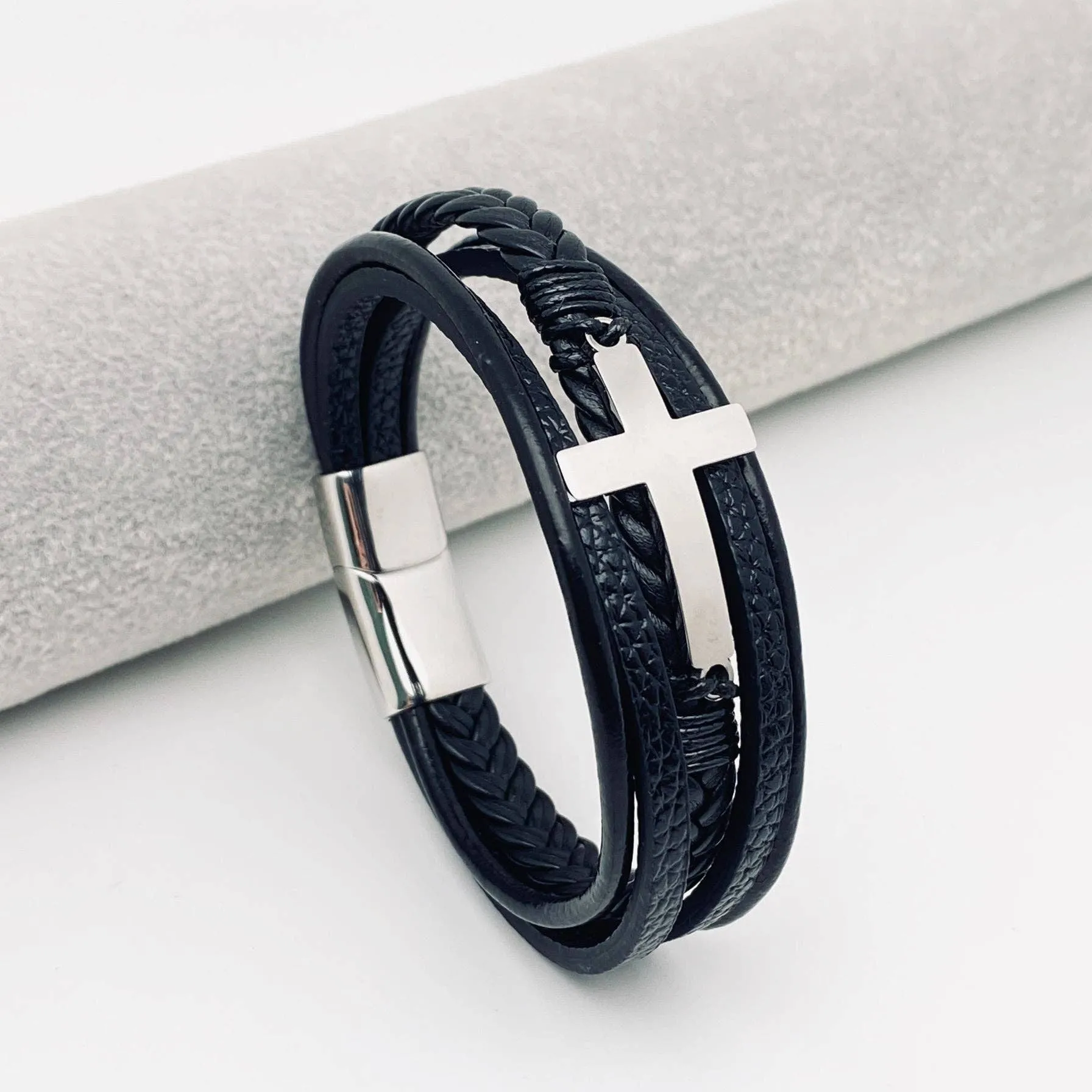 Cross Multi-Layer Woven Leather Bracelet Black