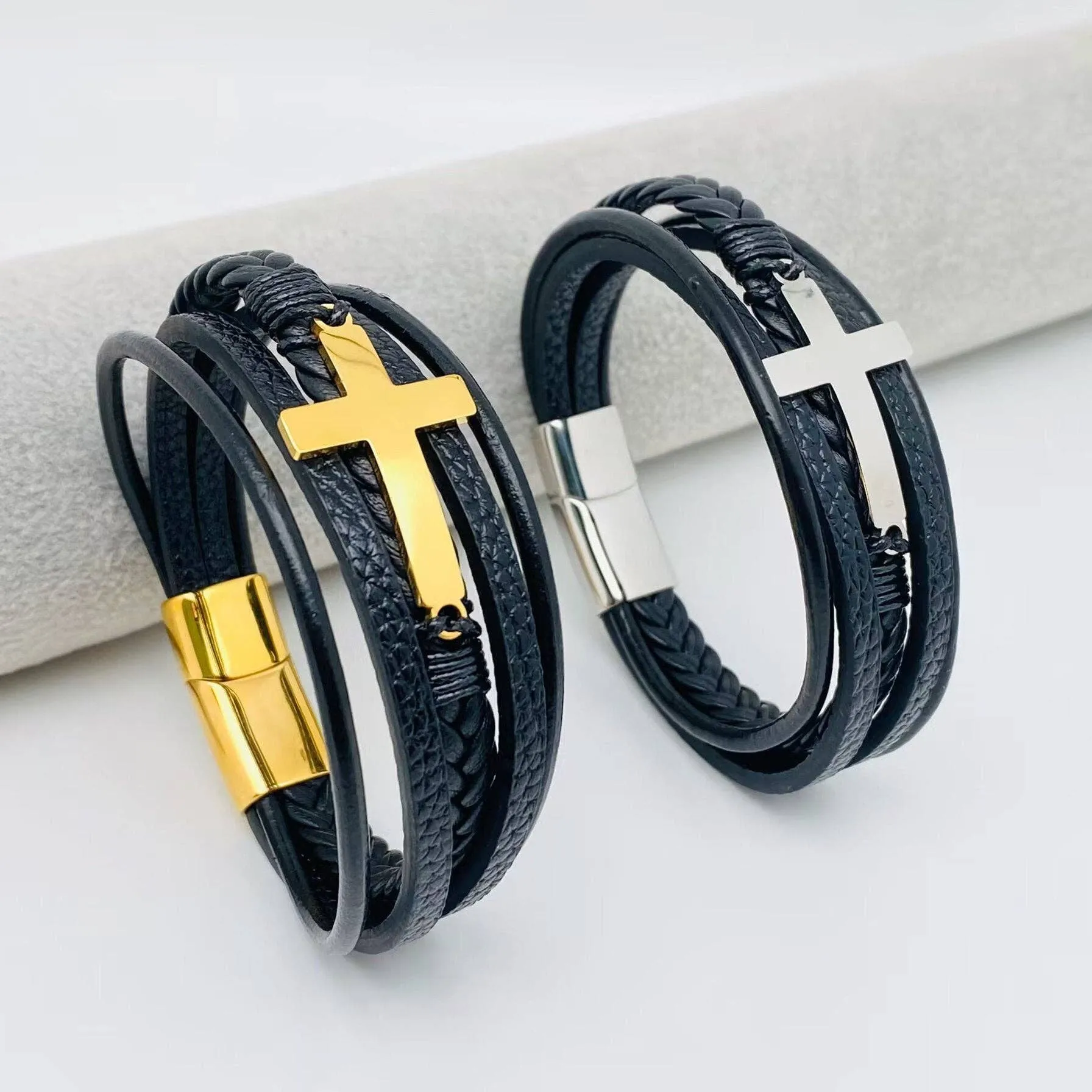 Cross Multi-Layer Woven Leather Bracelet Gold