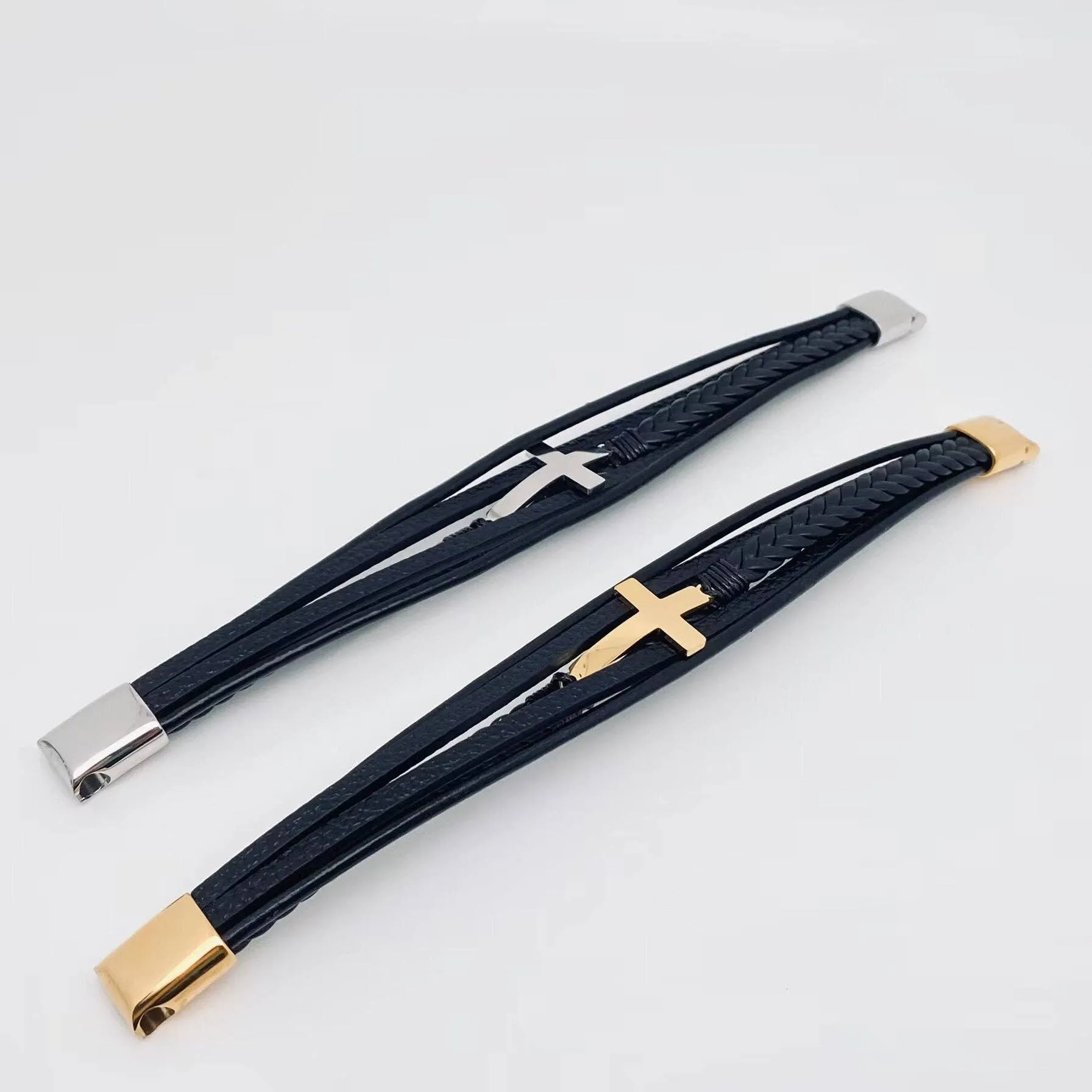 Cross Multi-Layer Woven Leather Bracelet Gold