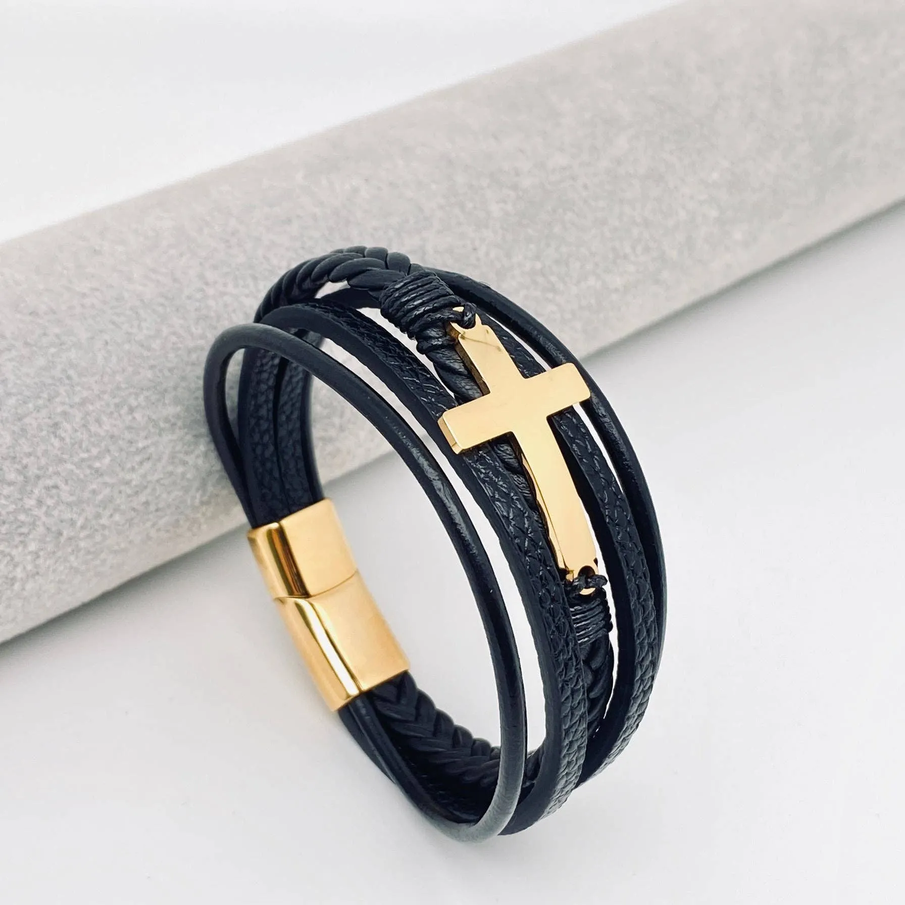 Cross Multi-Layer Woven Leather Bracelet Gold