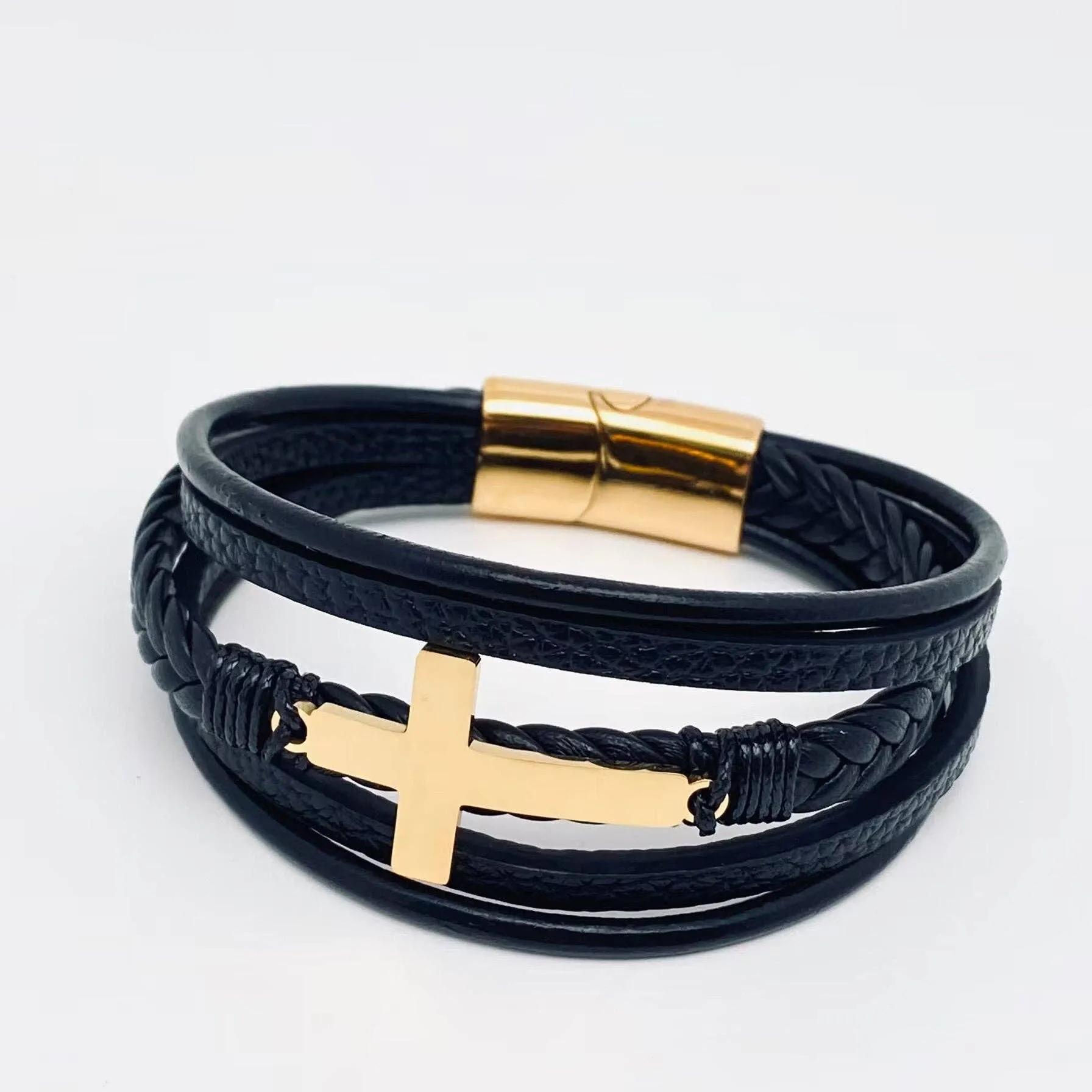 Cross Multi-Layer Woven Leather Bracelet Gold