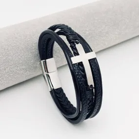 Cross Multi-Layer Woven Leather Bracelet Steel