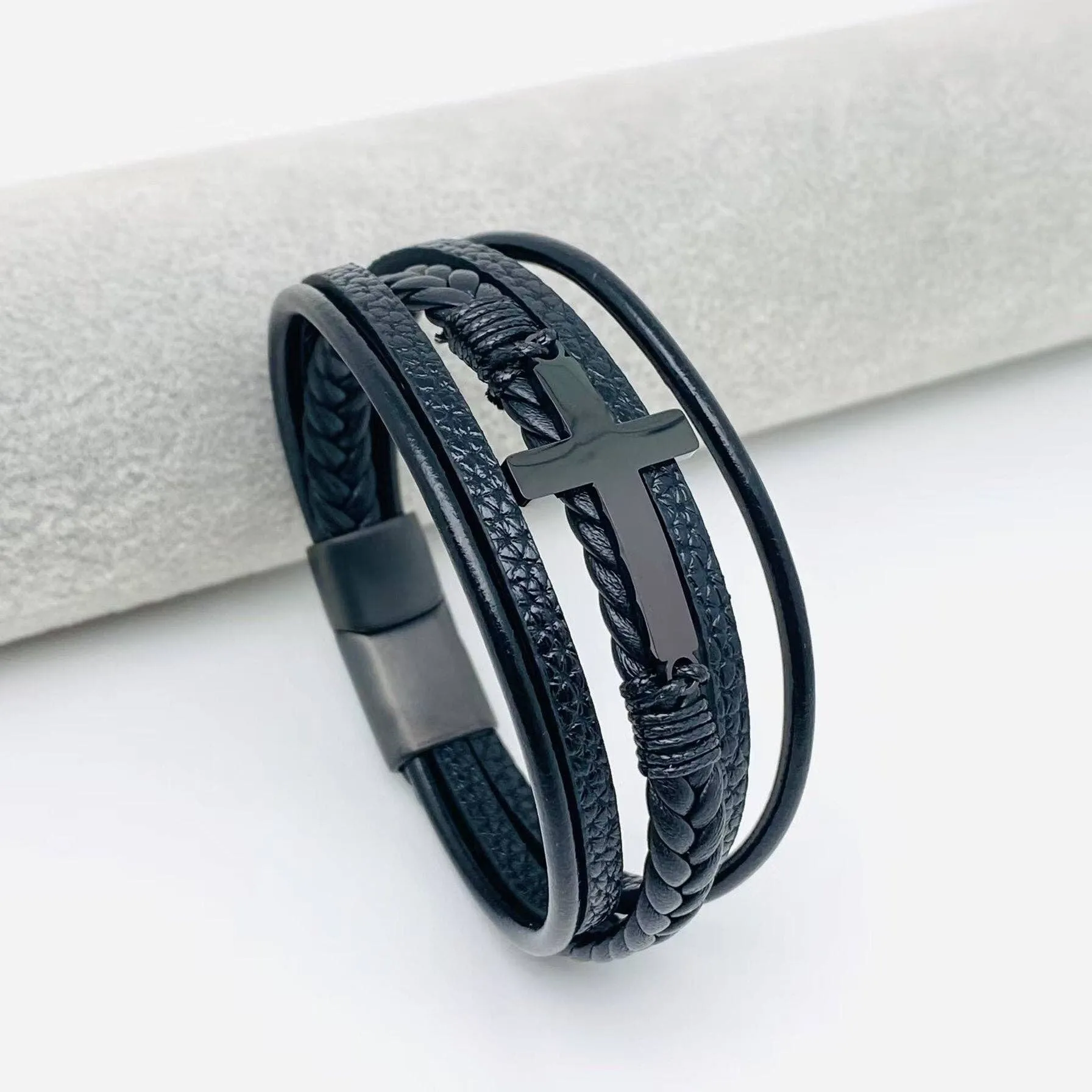 Cross Multi-Layer Woven Leather Bracelet Steel