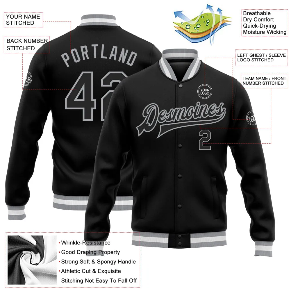 Custom Black Black-Gray Bomber Full-Snap Varsity Letterman Jacket