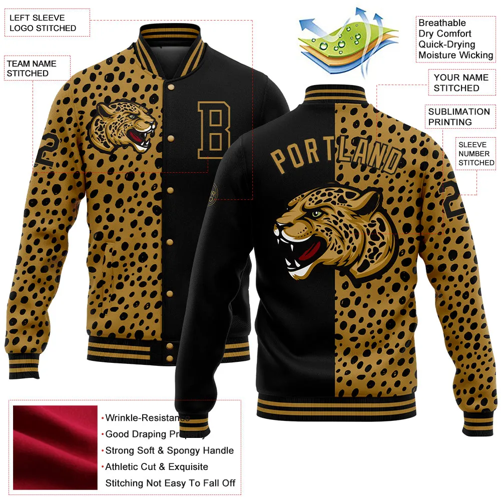 Custom Black Old Gold Leopard Print 3D Pattern Design Bomber Full-Snap Varsity Letterman Jacket