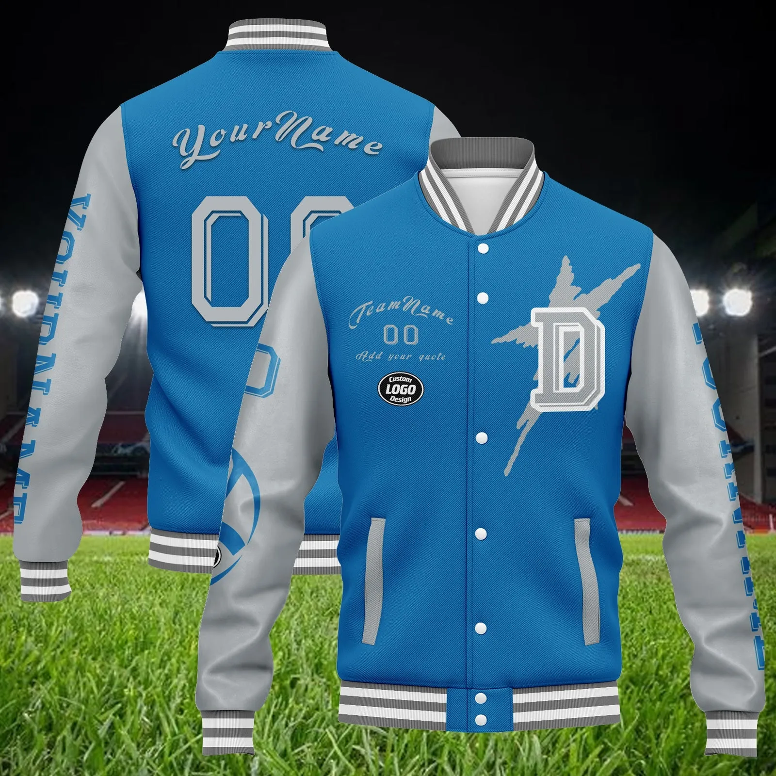 Custom Blue Gray Detroit Jacket Bomber Full-Snap Varsity Letterman Personalized Jacket FZ005SX-D020290-11