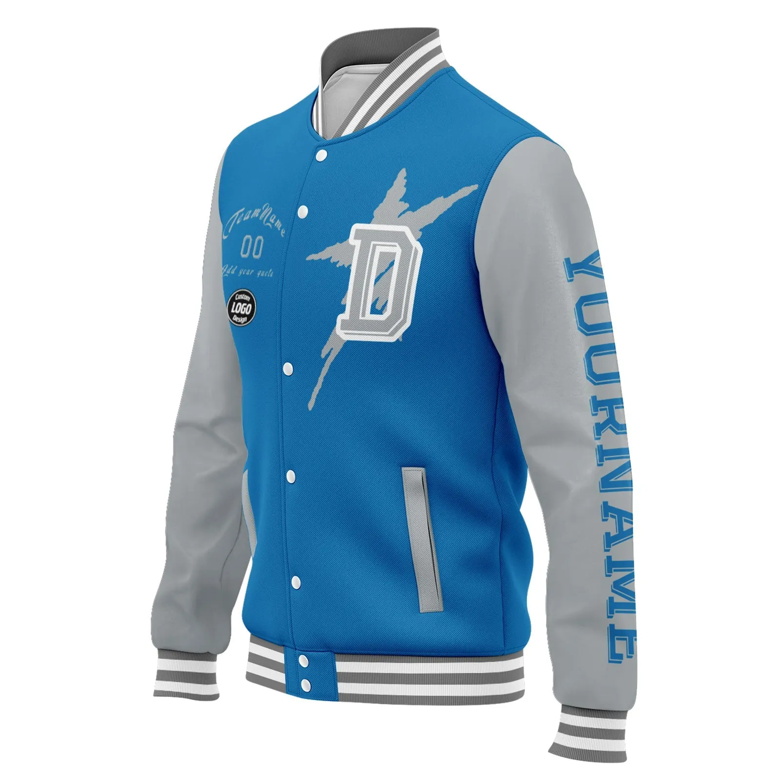 Custom Blue Gray Detroit Jacket Bomber Full-Snap Varsity Letterman Personalized Jacket FZ005SX-D020290-11