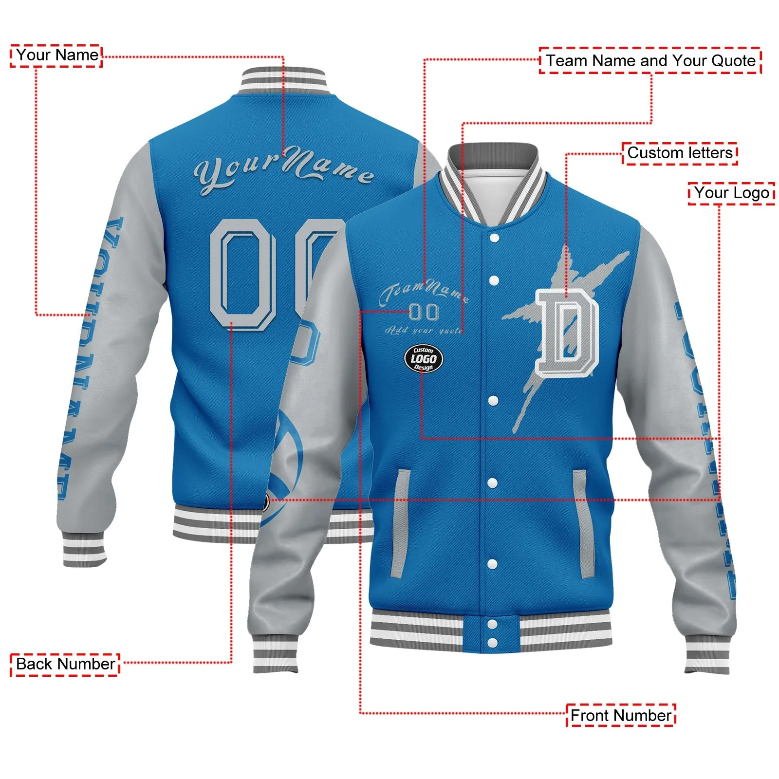 Custom Blue Gray Detroit Jacket Bomber Full-Snap Varsity Letterman Personalized Jacket FZ005SX-D020290-11