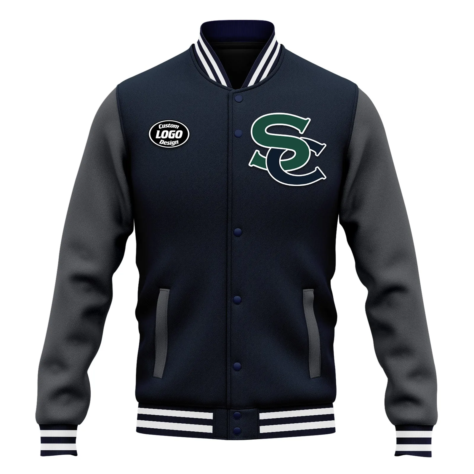 Custom Blue Gray Jacket Bomber Full-Snap Varsity Letterman Personalized Jacket FZ005-D020255-10