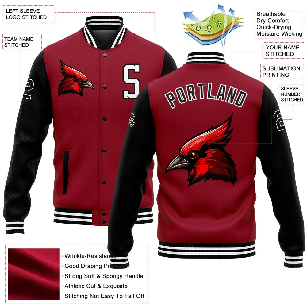 Custom Cardinal Black-White 3D Pattern Design Bomber Full-Snap Varsity Letterman Jacket