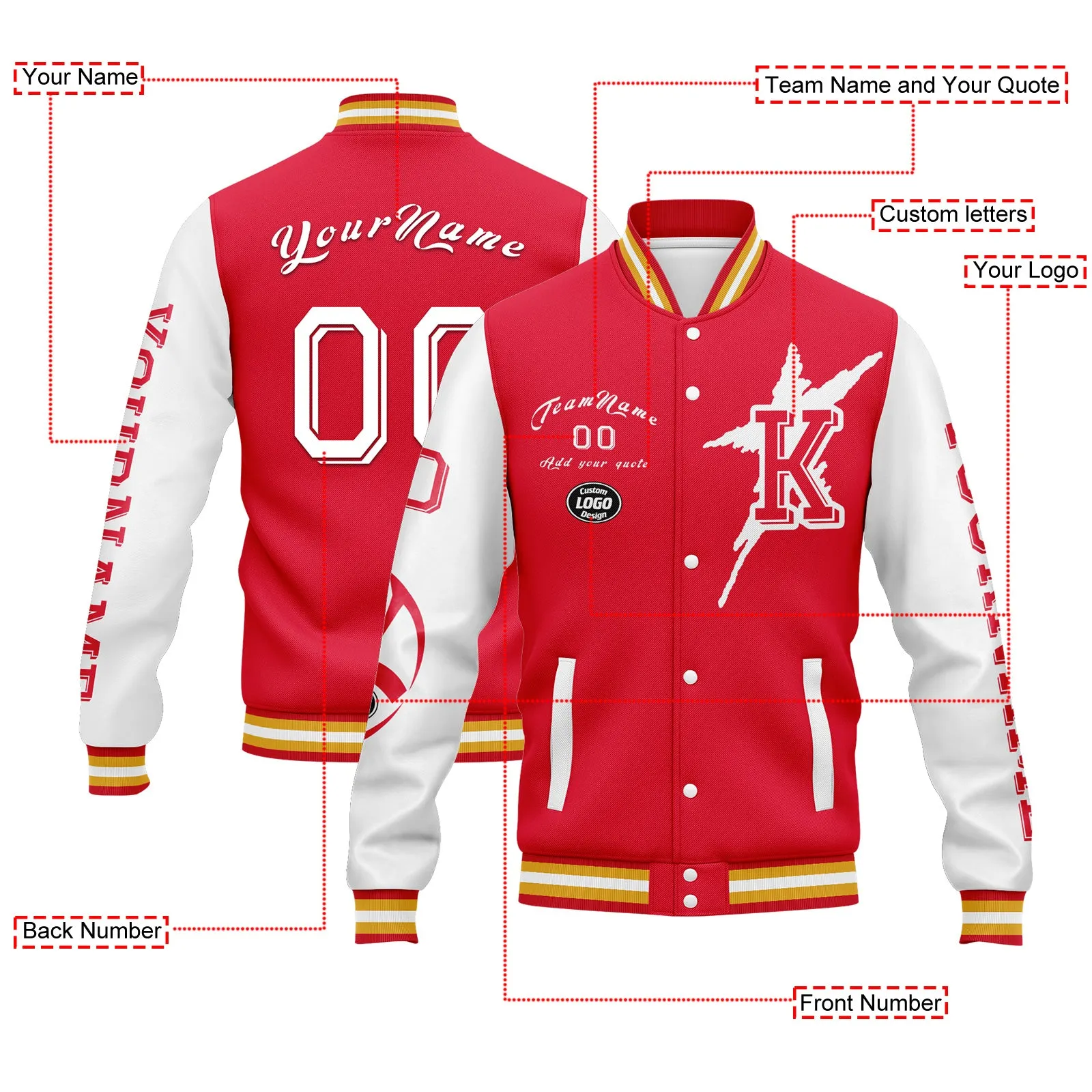 Custom Red White Kansas City Jacket Bomber Full-Snap Varsity Letterman Personalized Jacket FZ005SX-D020290-18