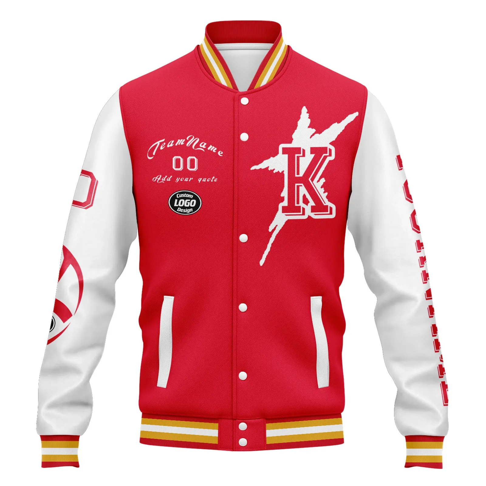 Custom Red White Kansas City Jacket Bomber Full-Snap Varsity Letterman Personalized Jacket FZ005SX-D020290-18