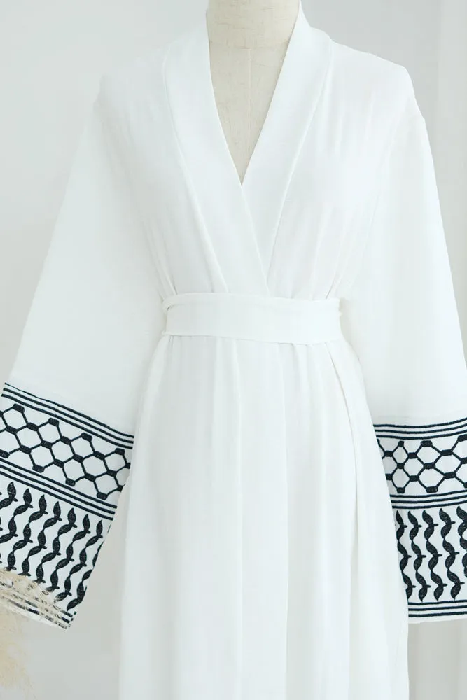 Dir El Balah Keffiyeh Inspired Abaya with contrast embroidered sleeves and detachable belt