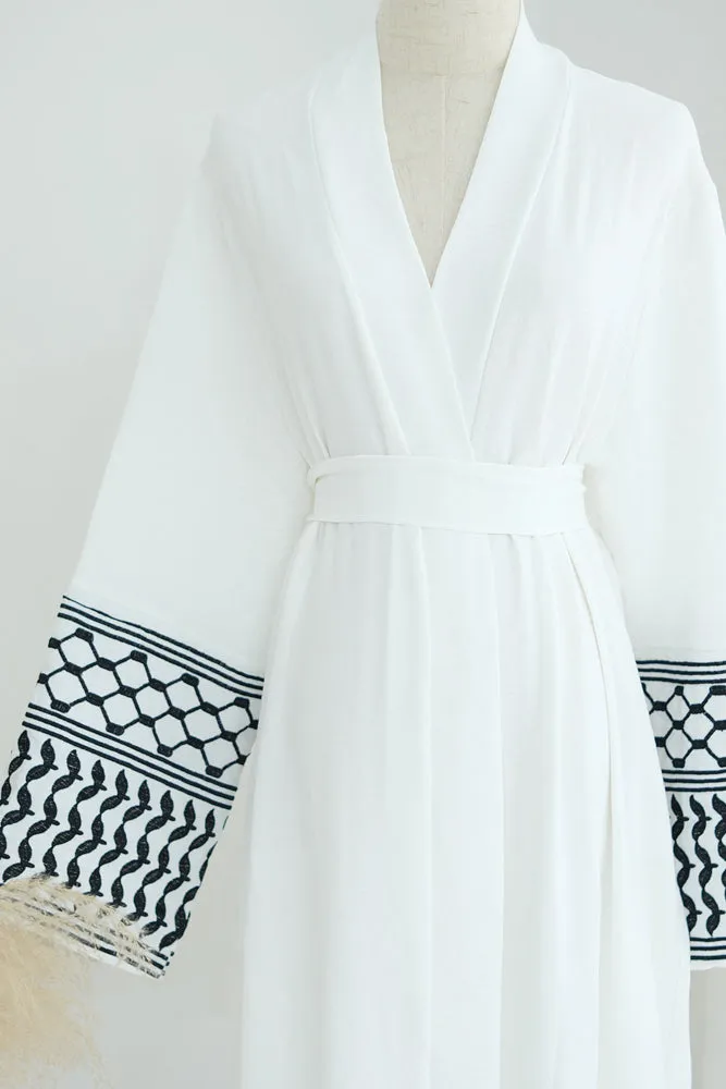 Dir El Balah Keffiyeh Inspired Abaya with contrast embroidered sleeves and detachable belt