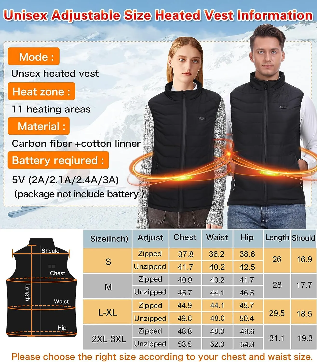 Electric Winter 11 Heating Zones  Rechargeable USB Heated Vest for Men Women