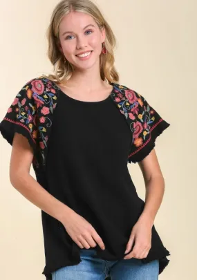 Embroidered Sleeve Frayed Ruffle Trim Top, Black