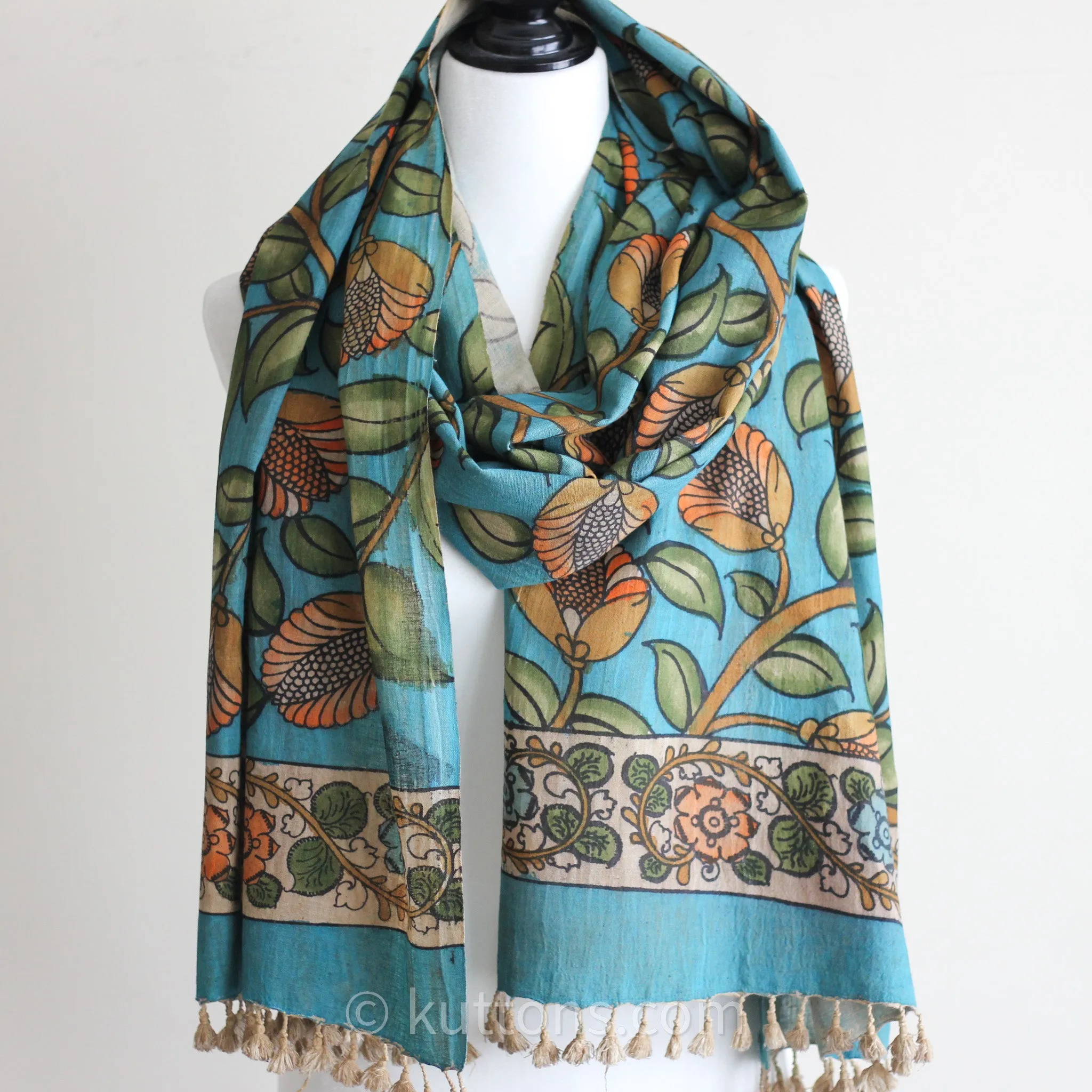 Ethnic Kalamkari Organic Cotton Wrap - Hand-Painted Scarf from Natural Colours | Blue, 23x86"