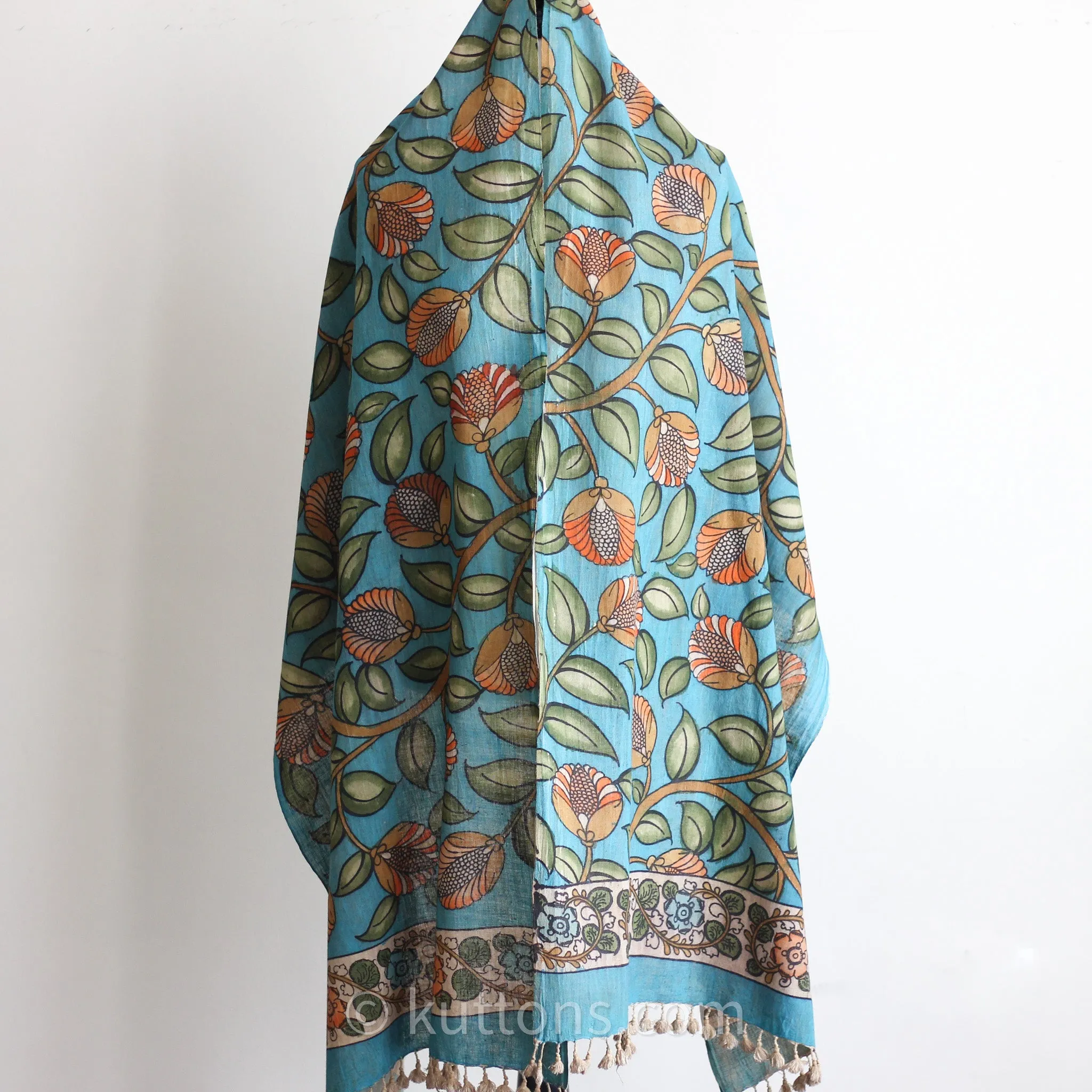 Ethnic Kalamkari Organic Cotton Wrap - Hand-Painted Scarf from Natural Colours | Blue, 23x86"