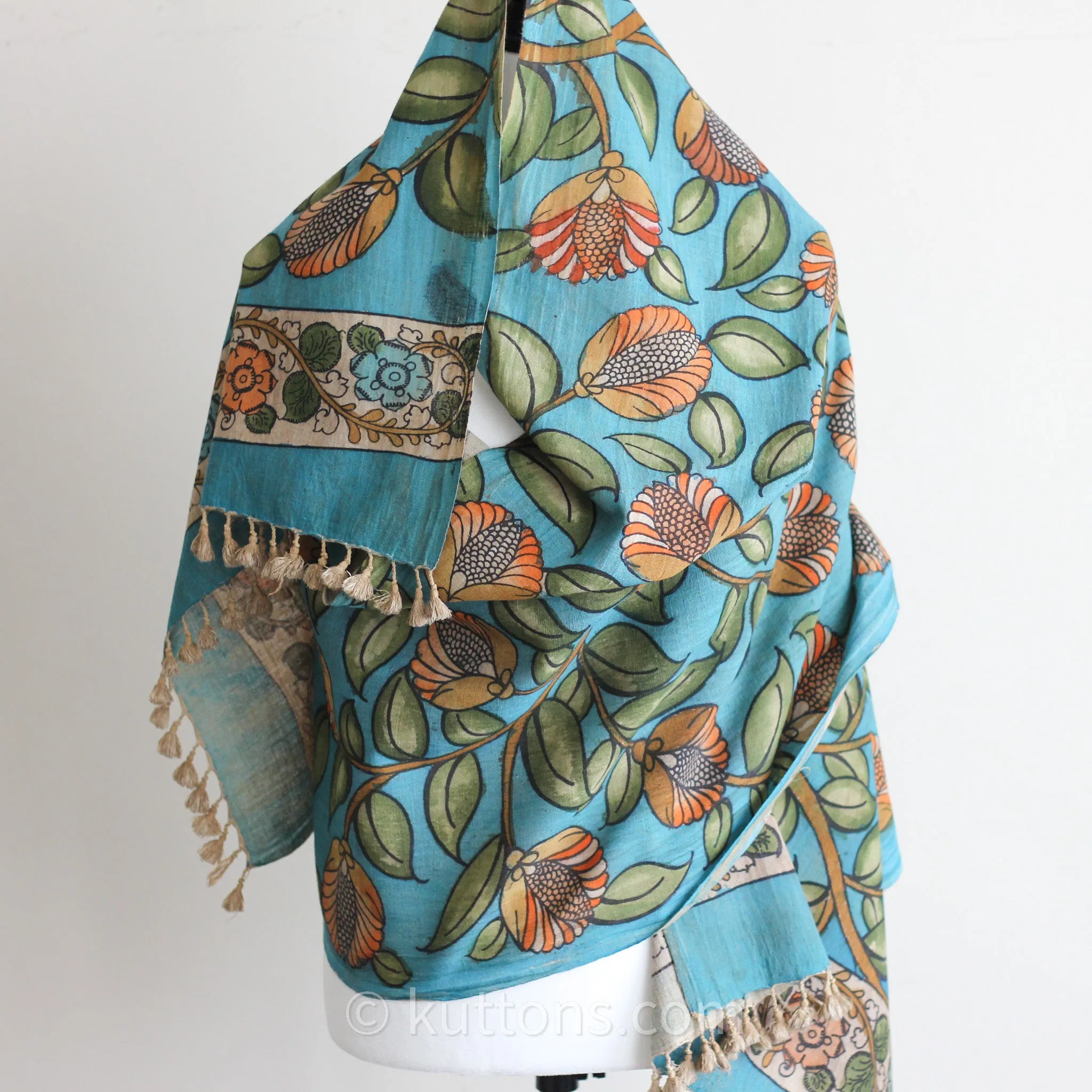 Ethnic Kalamkari Organic Cotton Wrap - Hand-Painted Scarf from Natural Colours | Blue, 23x86"