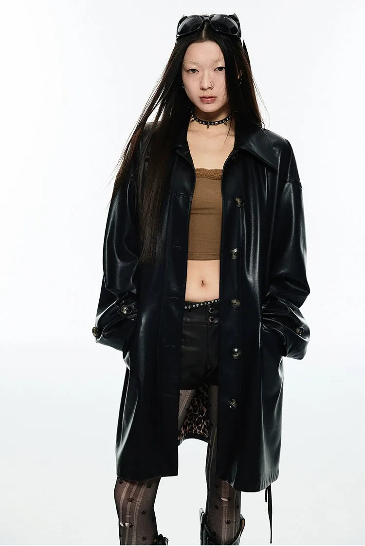 (Final Sale) Black Trench Coat Leather Jacket