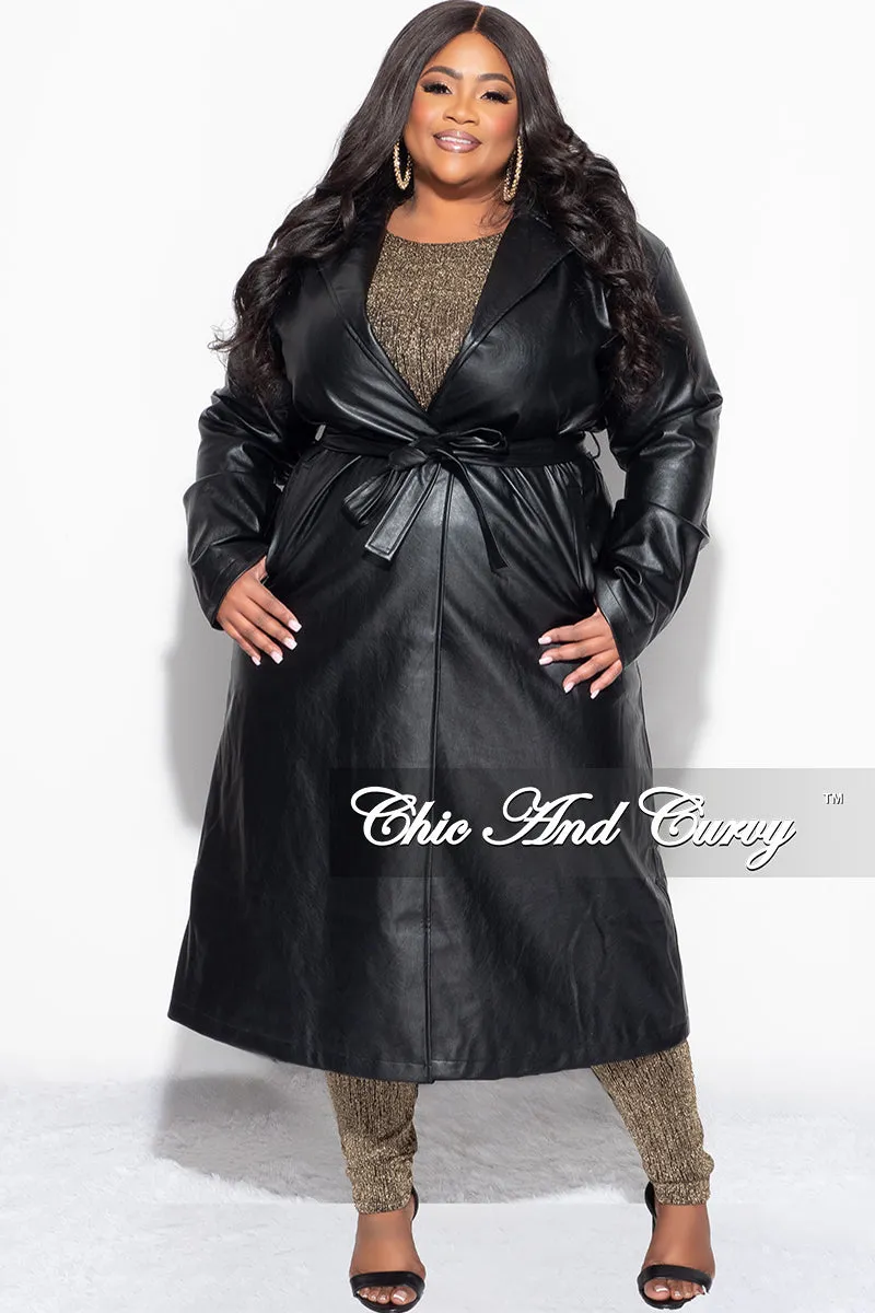 Final Sale Plus Size Vegan Leather Trench Coat with Tie in Black