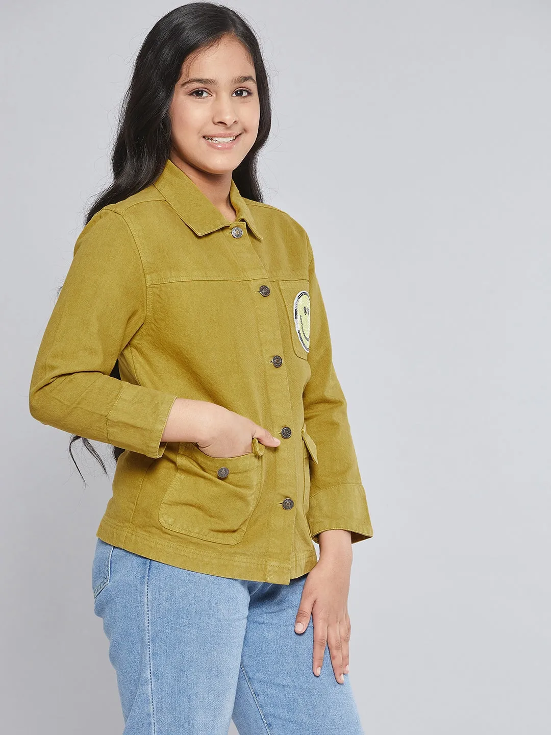 Girls Mustard Smiley Patch Denim Jacket