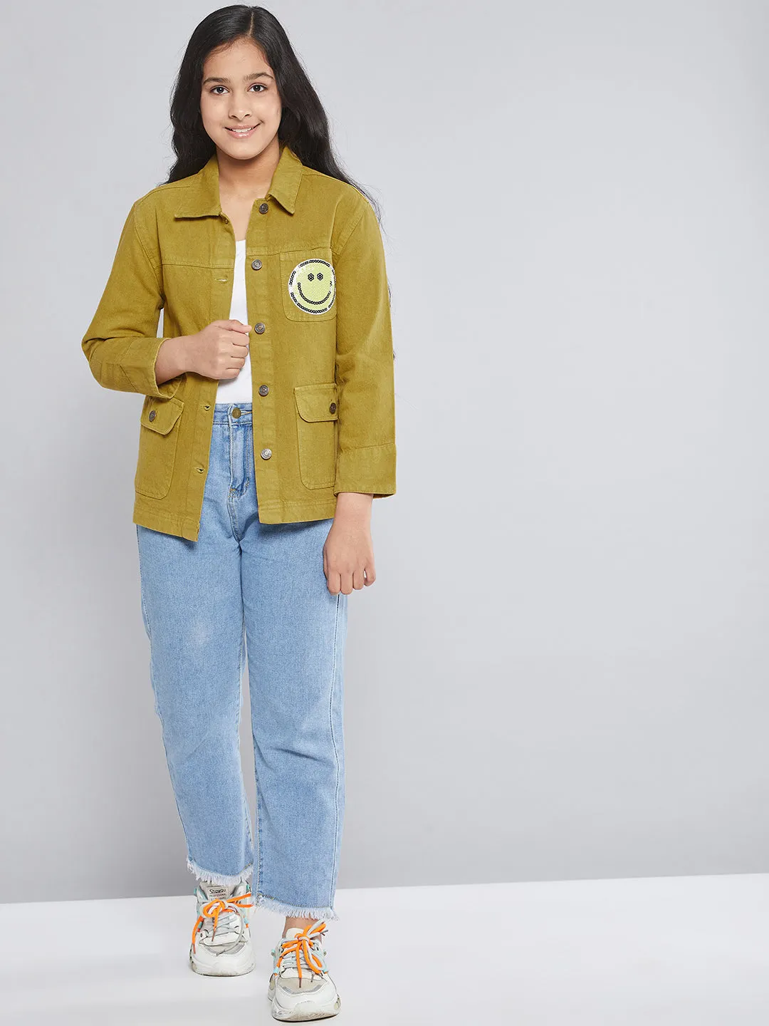 Girls Mustard Smiley Patch Denim Jacket