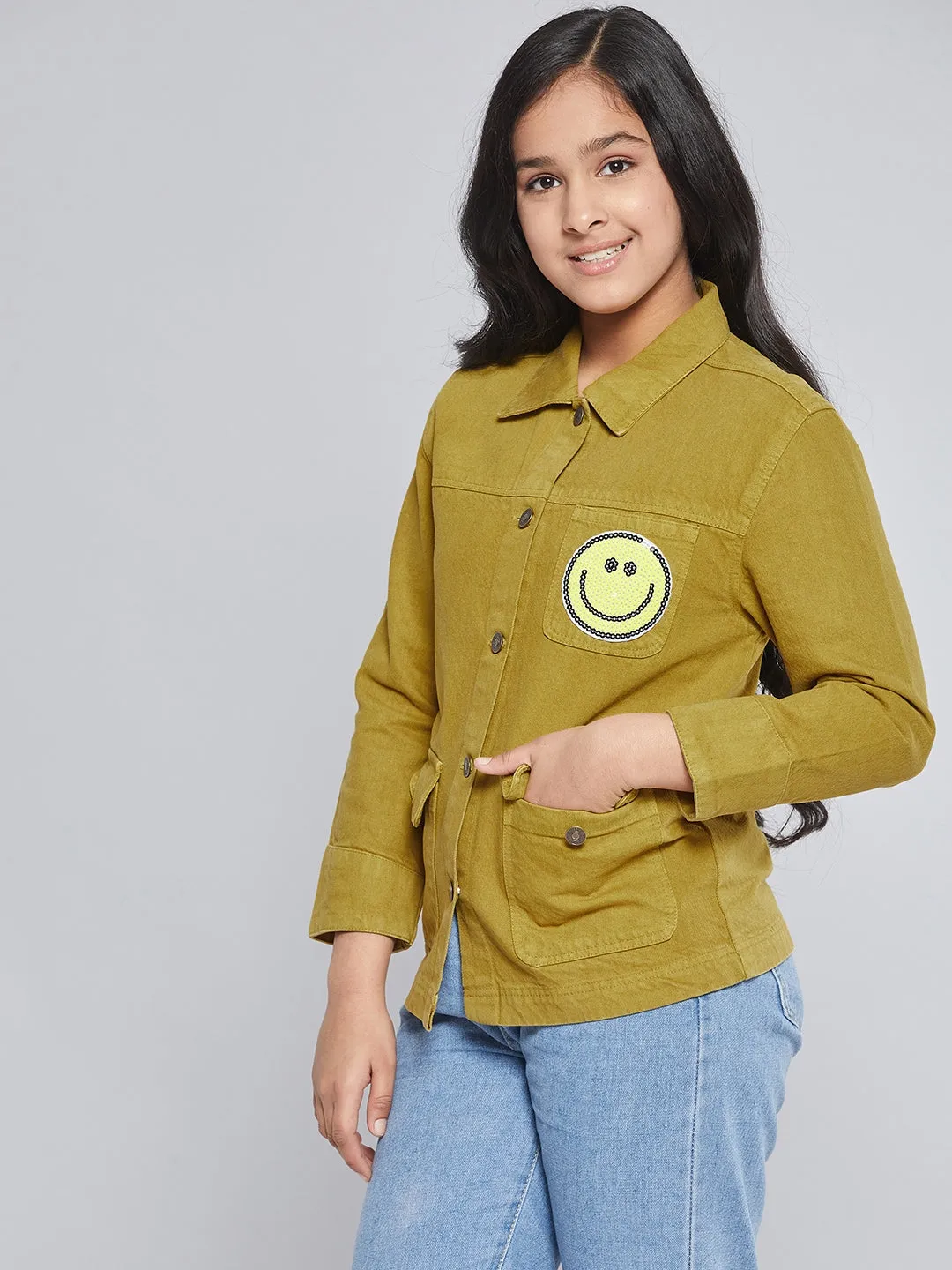 Girls Mustard Smiley Patch Denim Jacket