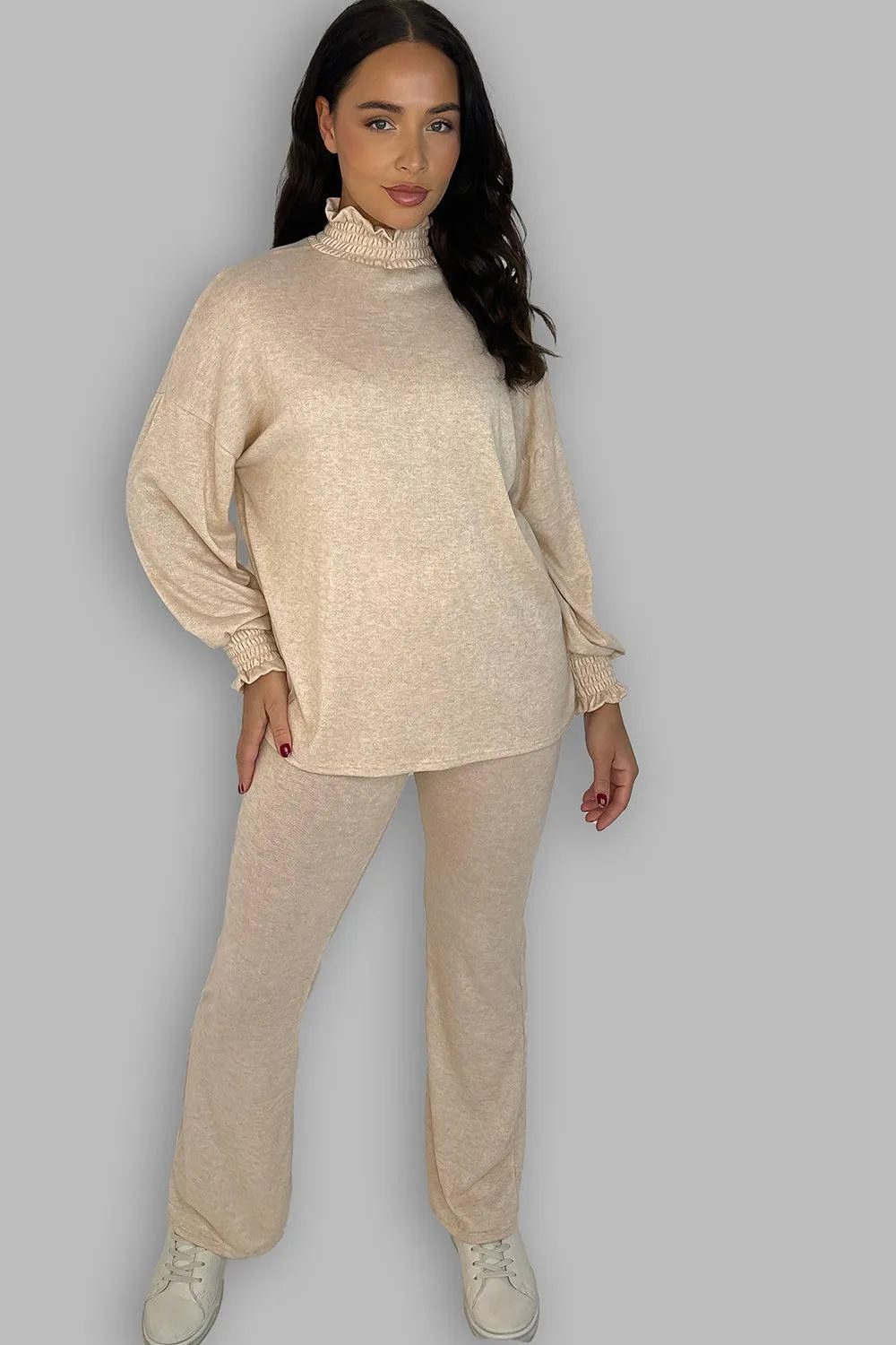 High Ruffle Neck Long Sleeves Tunic And Trousers Set